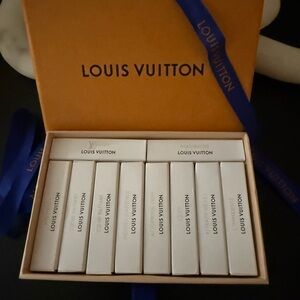 Louis Vuitton Fragrance Set in Signature Orange Box, blue ribbon included.